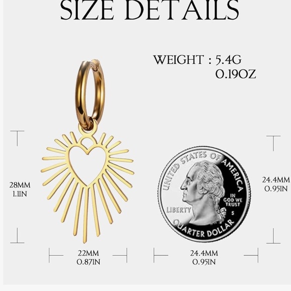 Gold Heart Sunburst Hoop Earrings hypoallergenic hoops - Picture 3 of 3